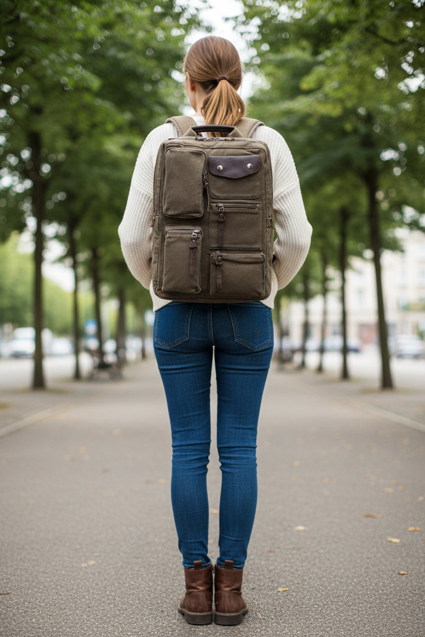 Woman wearing olive canvas backpack with leather accents, walking down tree-lined path
