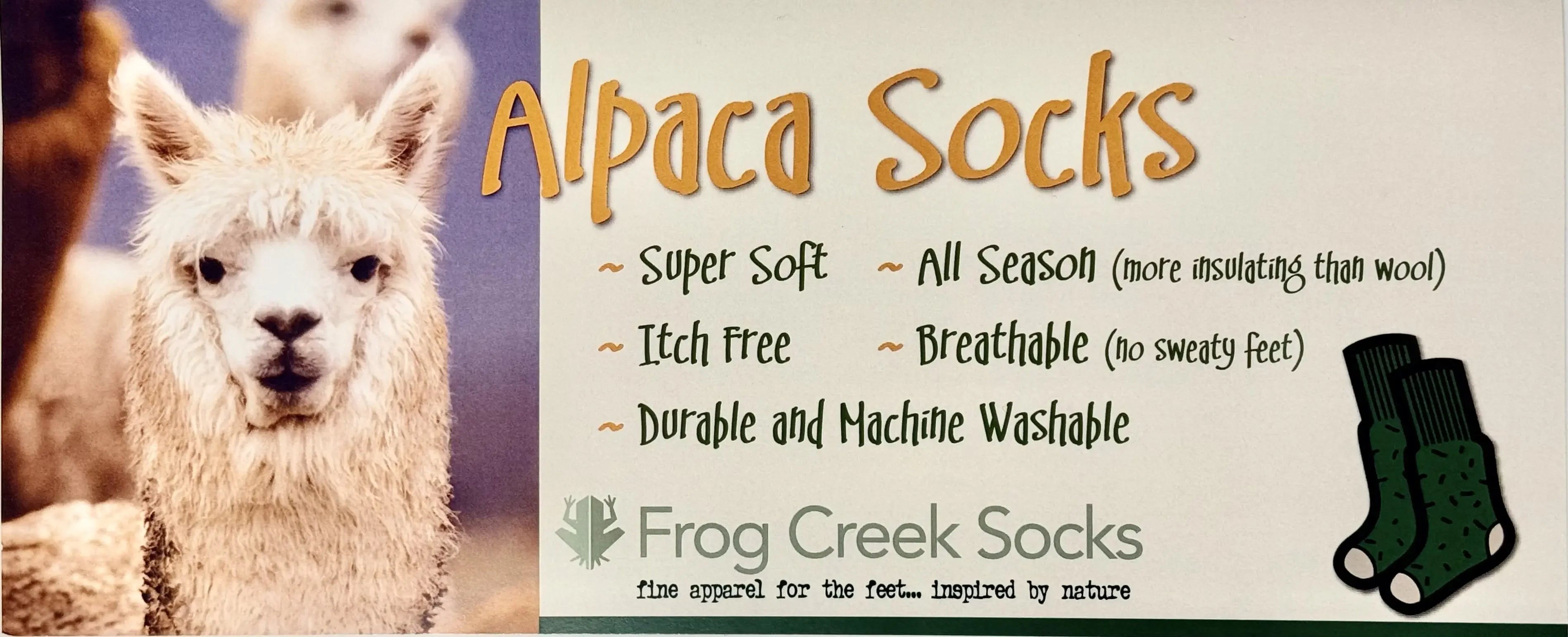 Alpaca Socks packaging with fluffy alpaca photo, highlighting super soft, all season, breathable features by Frog Creek Socks