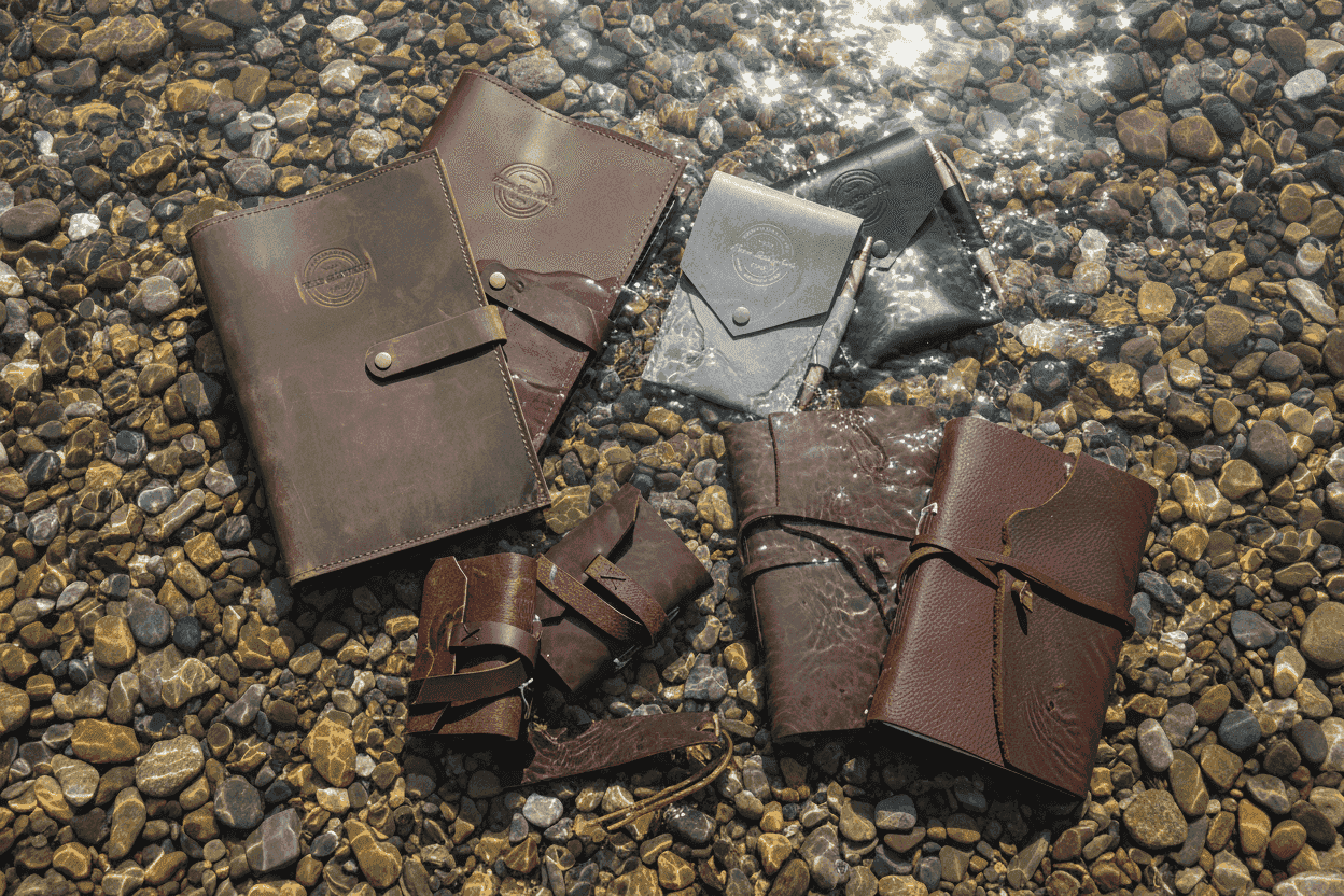 Leather journals and notebooks on pebbled shore with water, rustic handmade style