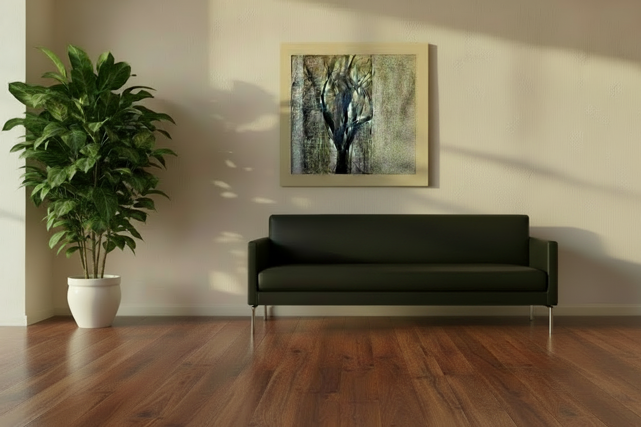 Framed tree artwork above modern sofa in sunlit room with potted plant and hardwood floors
