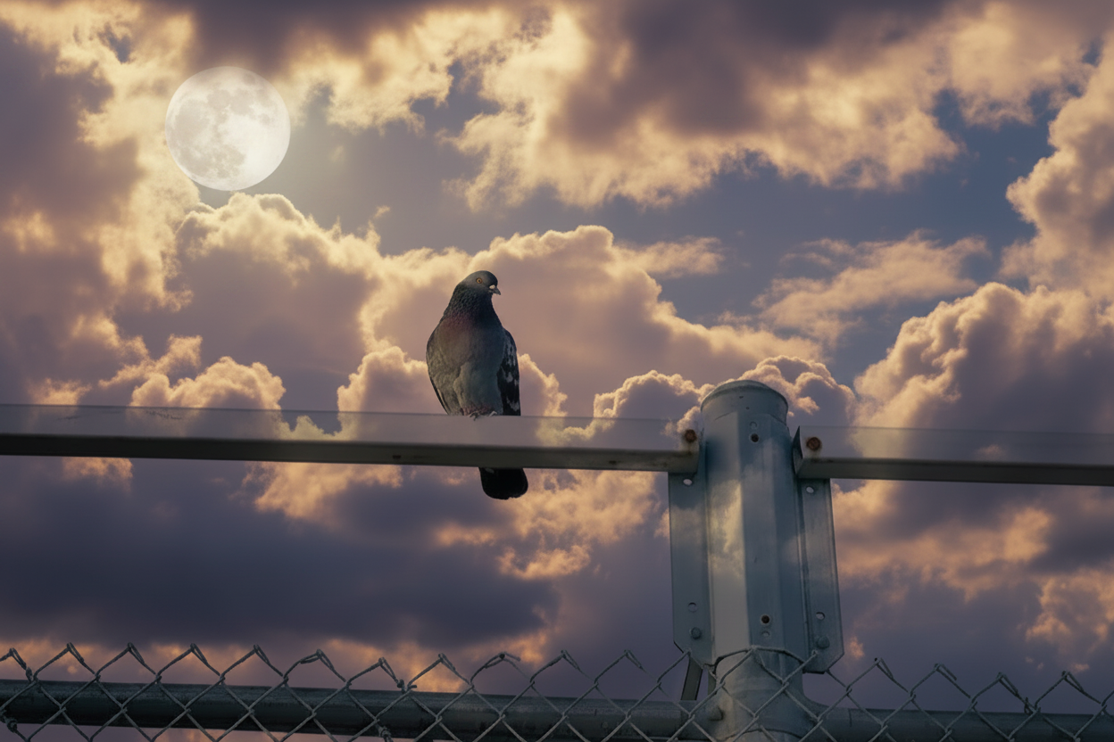 Pigeon perched on fence under full moon with dramatic clouds, nature photography print