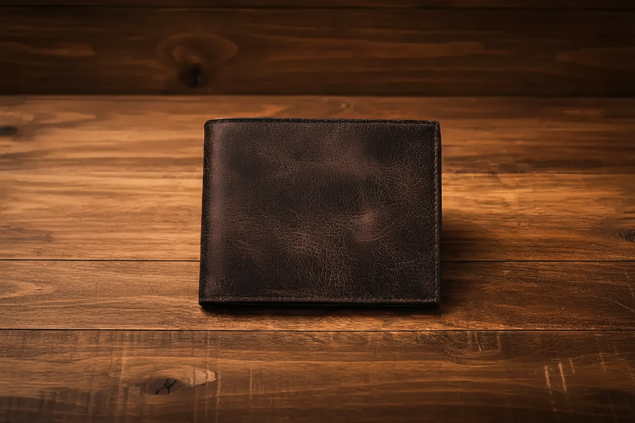 Dark brown leather wallet on rustic wooden surface