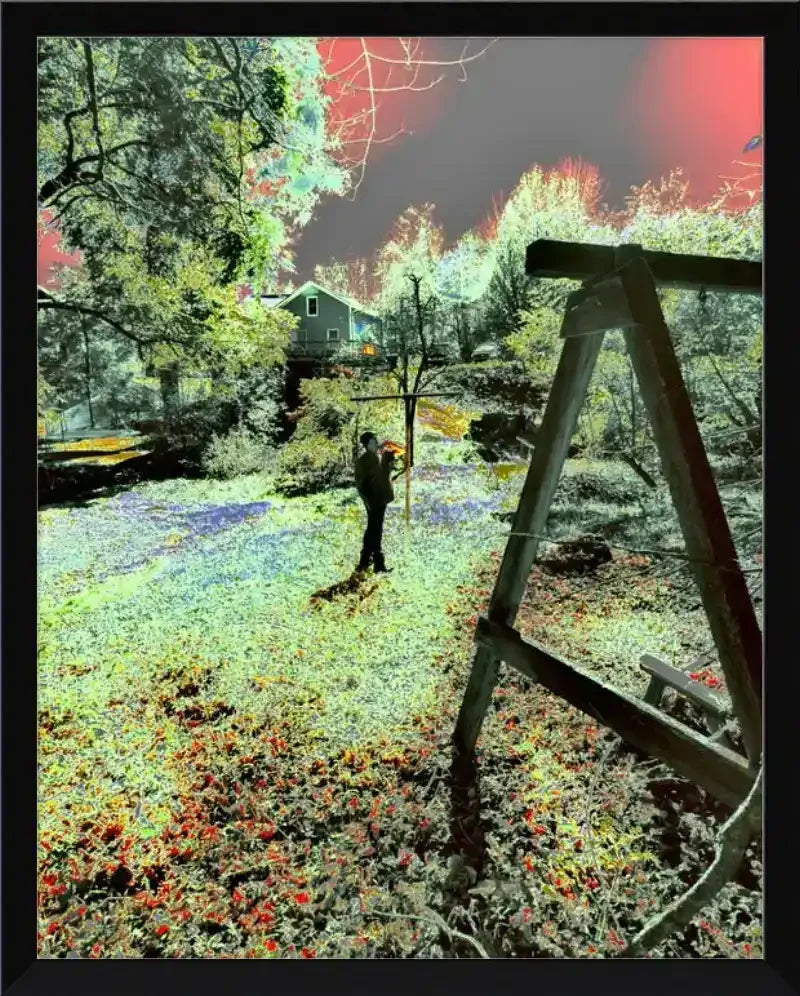 Framed surreal nature print with vibrant colors, wooden swing set, and house in forest setting