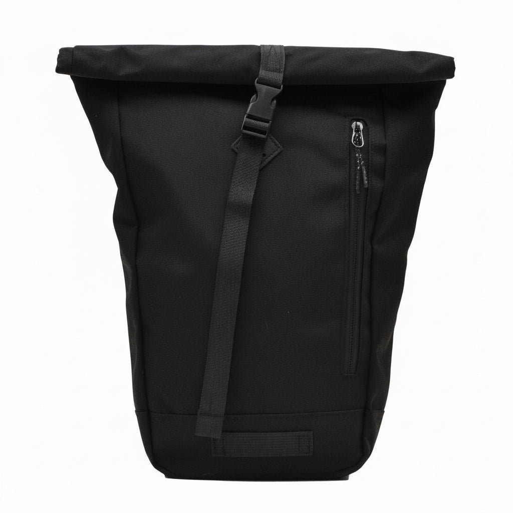 Black roll-top backpack with front zipper pocket and adjustable strap