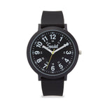 Black wristwatch with a white dial on a white background
