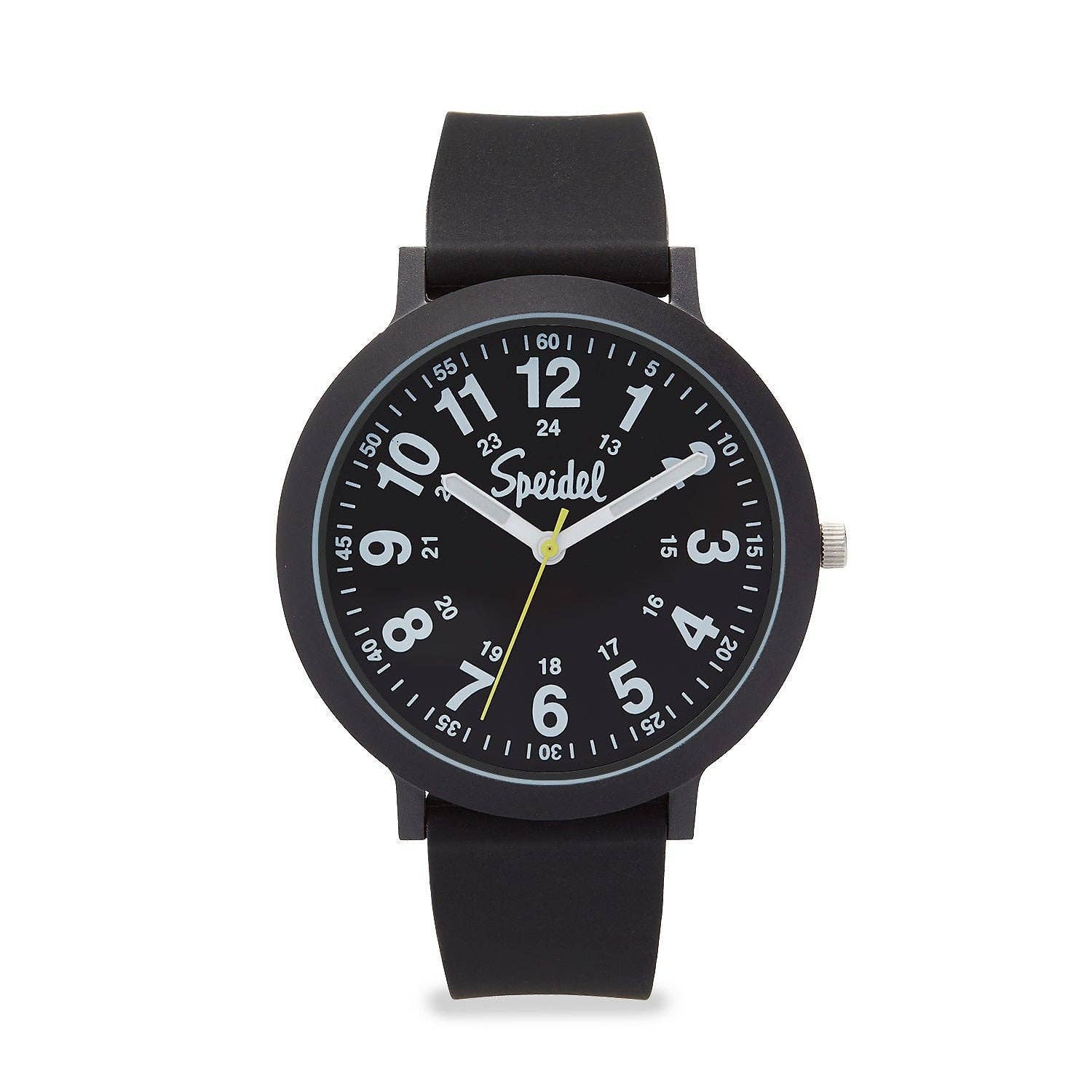 Black wristwatch with a white dial on a white background