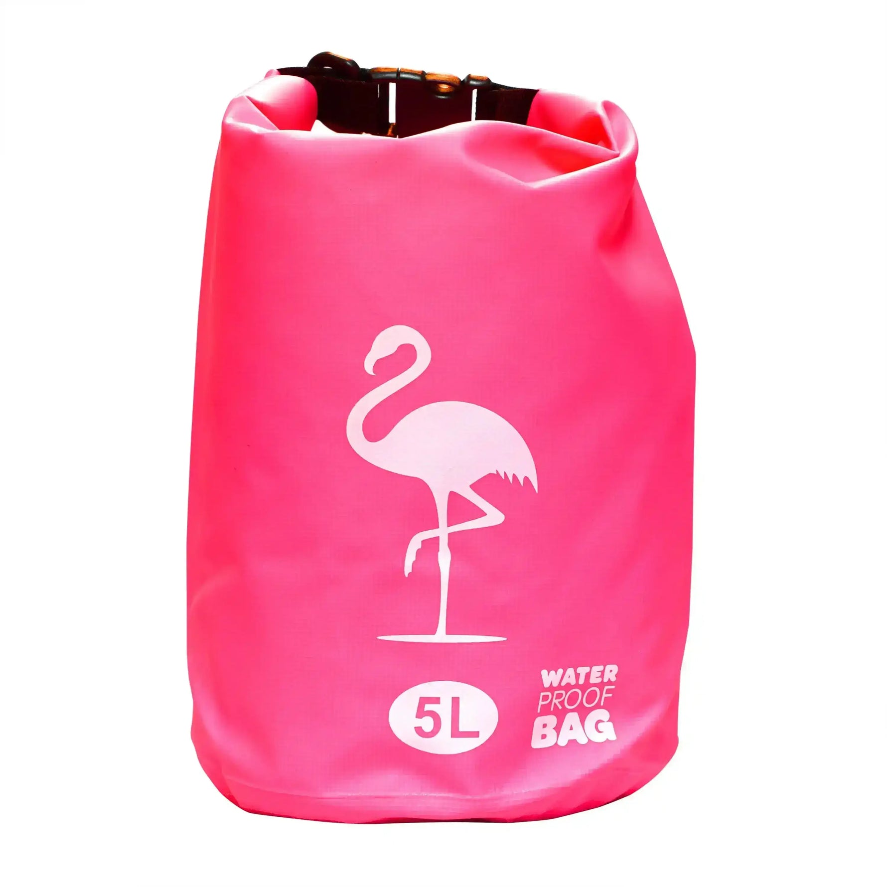 Pink 5L waterproof bag with white flamingo design, ideal for beach or pool use.