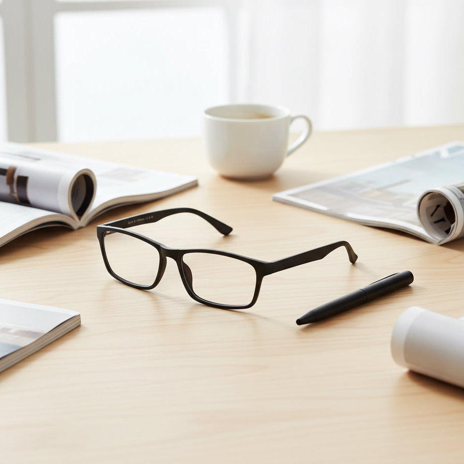 Black eyeglasses on table