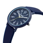 Navy blue watch with a white face on a white background