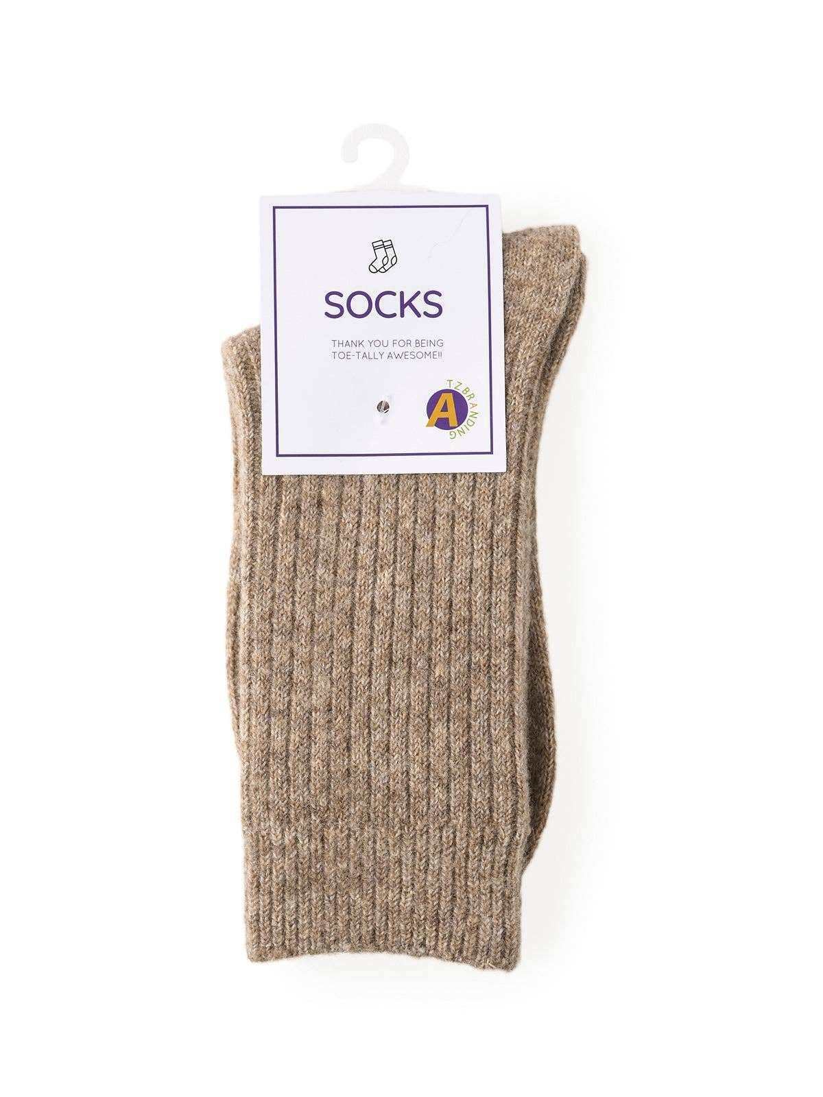Ribbed brown socks on hanger with 'SOCKS' tag, cozy winter footwear