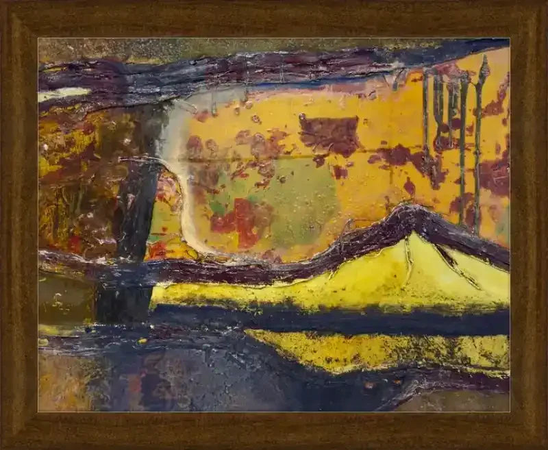 Abstract landscape artwork with bold yellow, black, and earth tones in a wooden frame