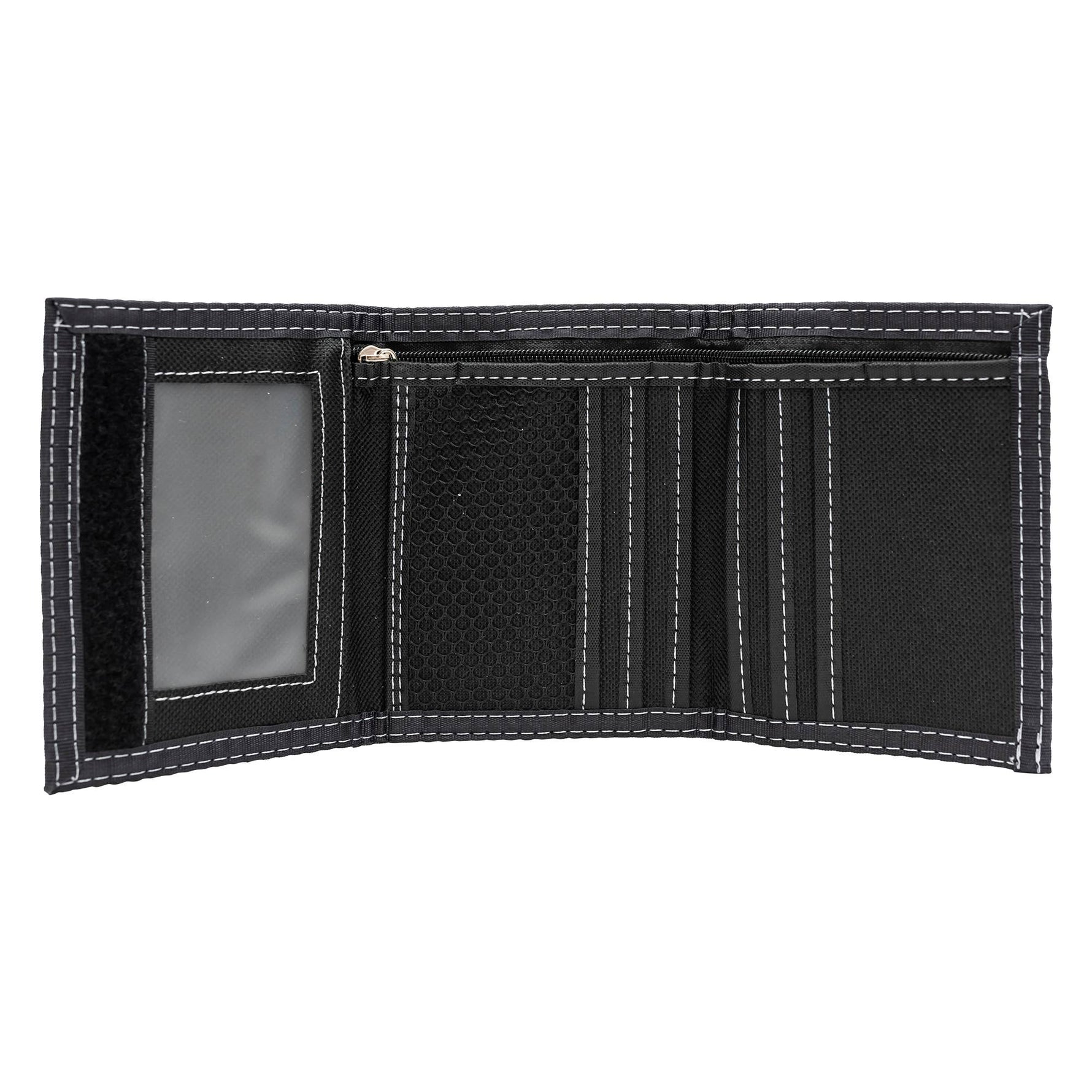 Black trifold wallet with card slots on a white background