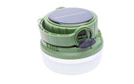 Green camping lantern with solar panel and USB ports on a white background
