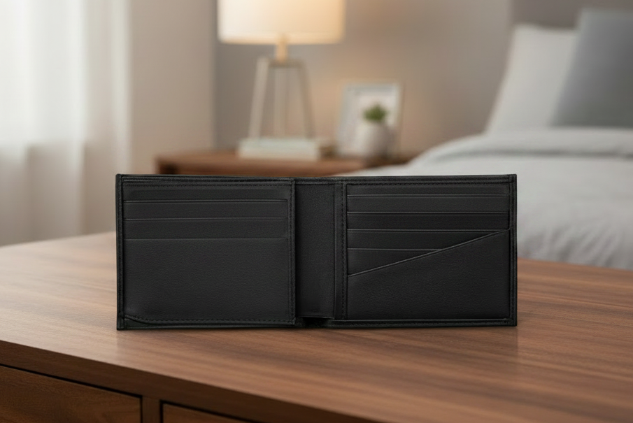 Black leather wallet on a wooden nightstand in a bedroom setting.