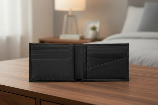 Black leather wallet on a wooden nightstand in a bedroom setting.