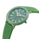 Green watch with a matching strap on a white background