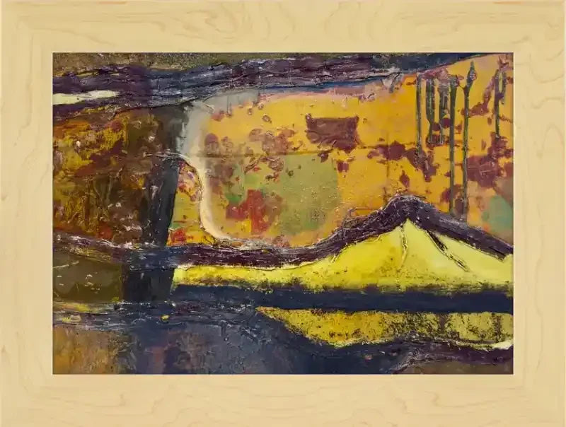 Abstract landscape artwork with bold yellow, brown, and black brushstrokes in a light wood frame