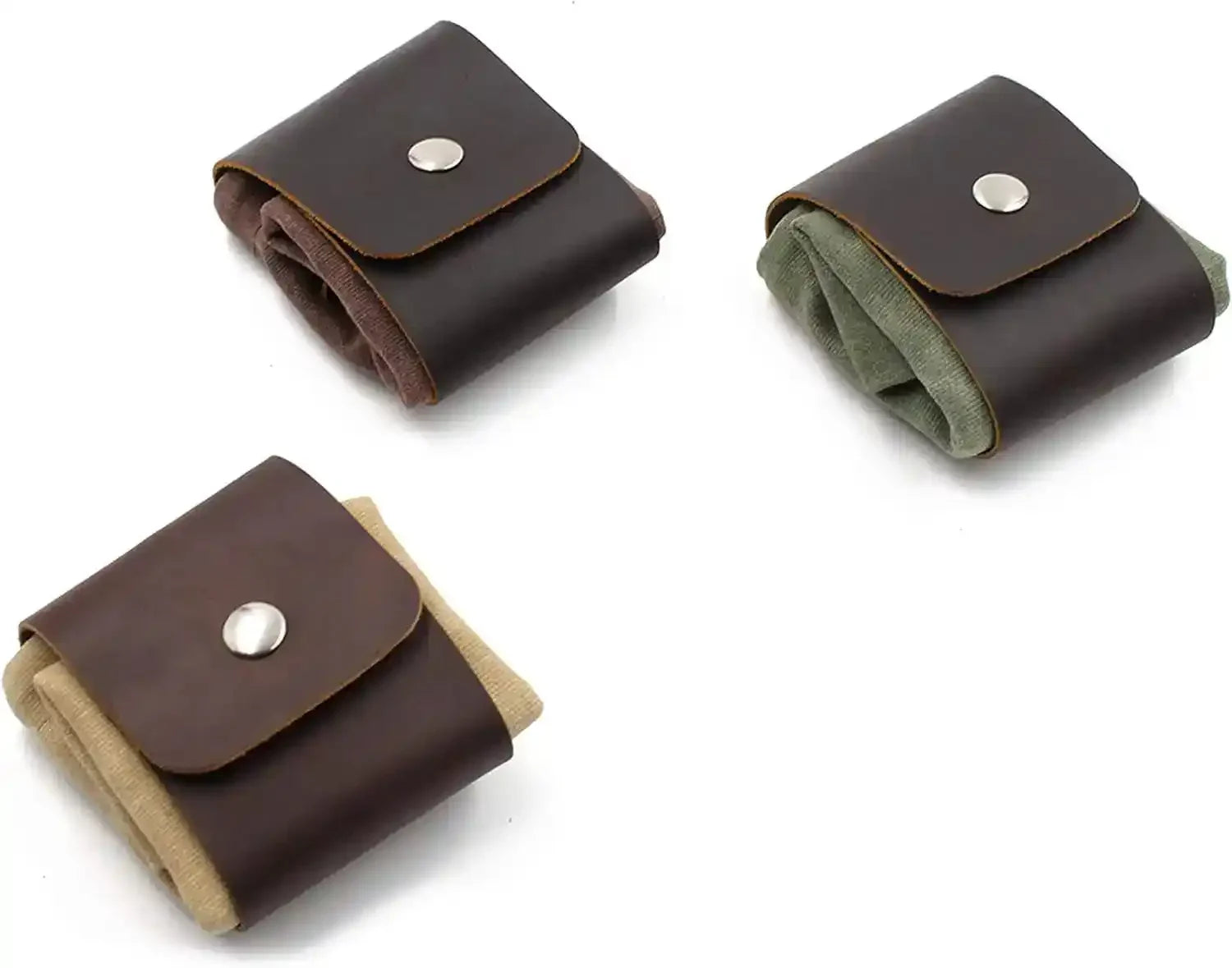 Three brown leather pouches with snap closures, holding rolled fabric in tan, olive, and brown tones.