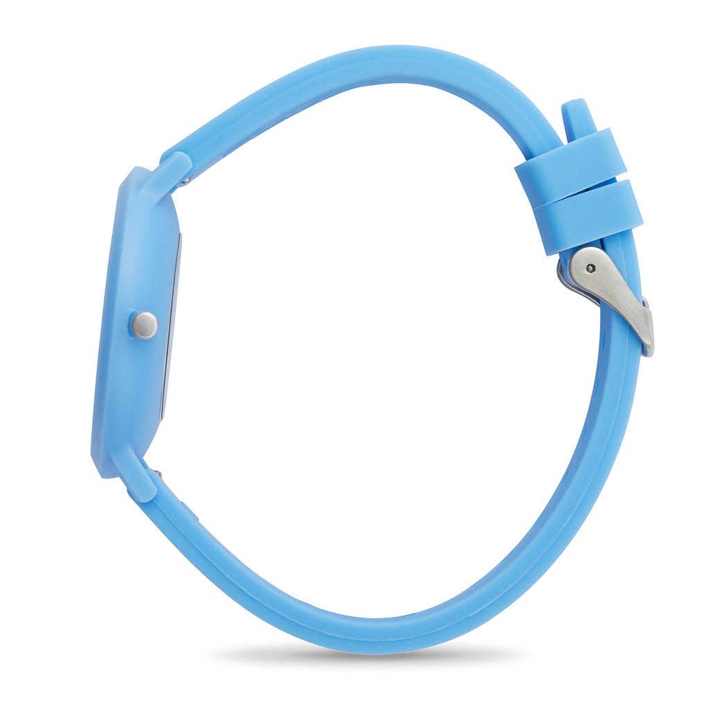 Light blue silicone band with metal clasp on a white background