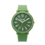 Green watch with a white face on a white background