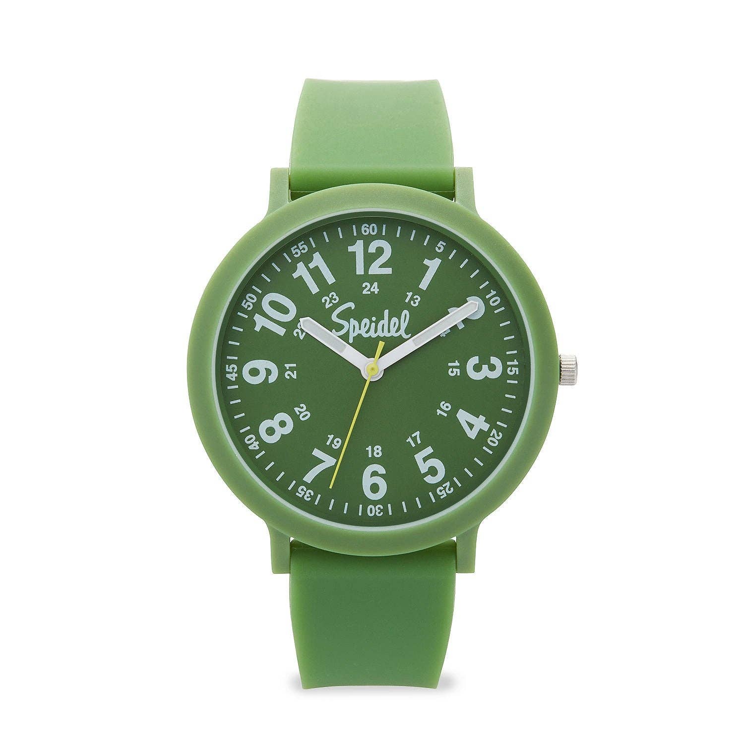 Green watch with a white face on a white background