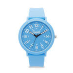 Blue watch with a white dial on a white background
