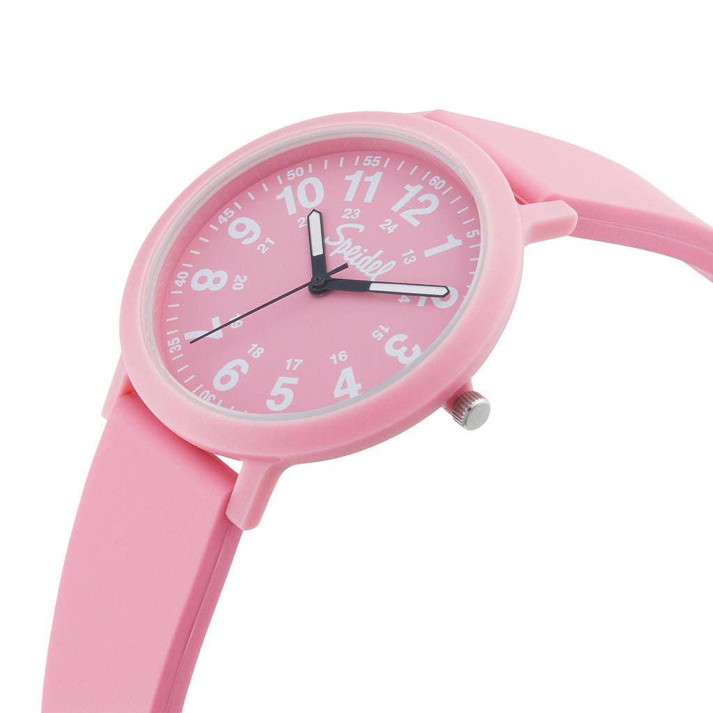 Pink watch with a white face on a white background