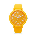Yellow watch with a white face on a white background