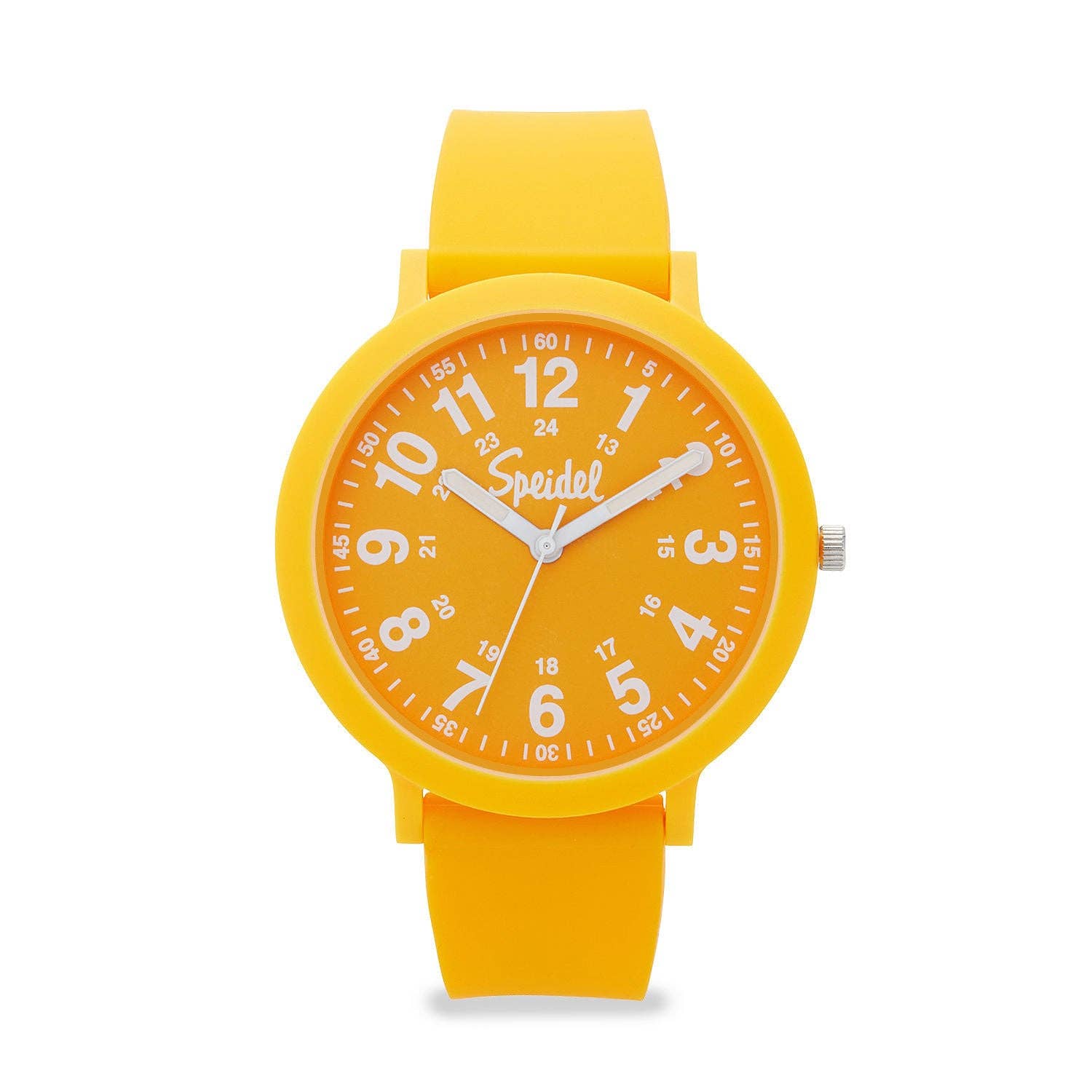 Yellow watch with a white face on a white background