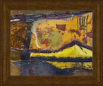 Abstract landscape artwork with bold yellow, purple, and black strokes in a wooden frame