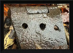 Rusty metal hinge with three holes, surrounded by autumn leaves, natural texture photography print