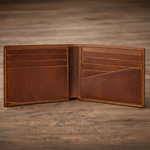 Brown leather wallet open on wooden surface, showing card slots and stitching details