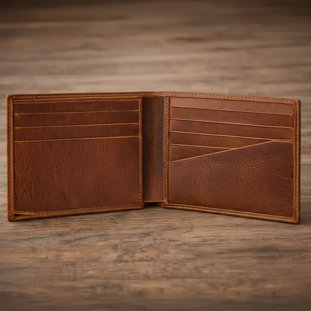 Brown leather wallet open on wooden surface, showing card slots and stitching details