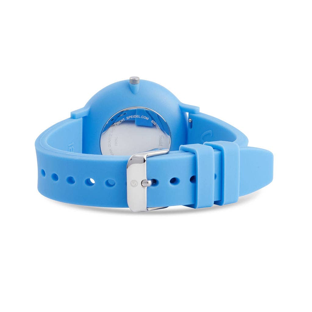 Blue watch with a silver clasp on a white background