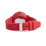 Red watch with a silver case on a white background