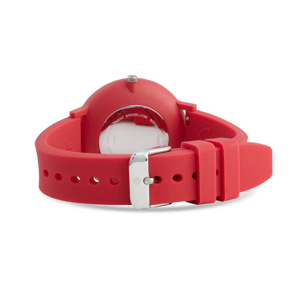 Red watch with a silver case on a white background