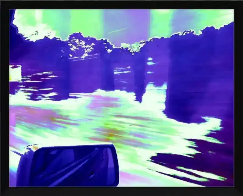 Vibrant abstract landscape with purple trees, neon green sky, and car side mirror, framed art print