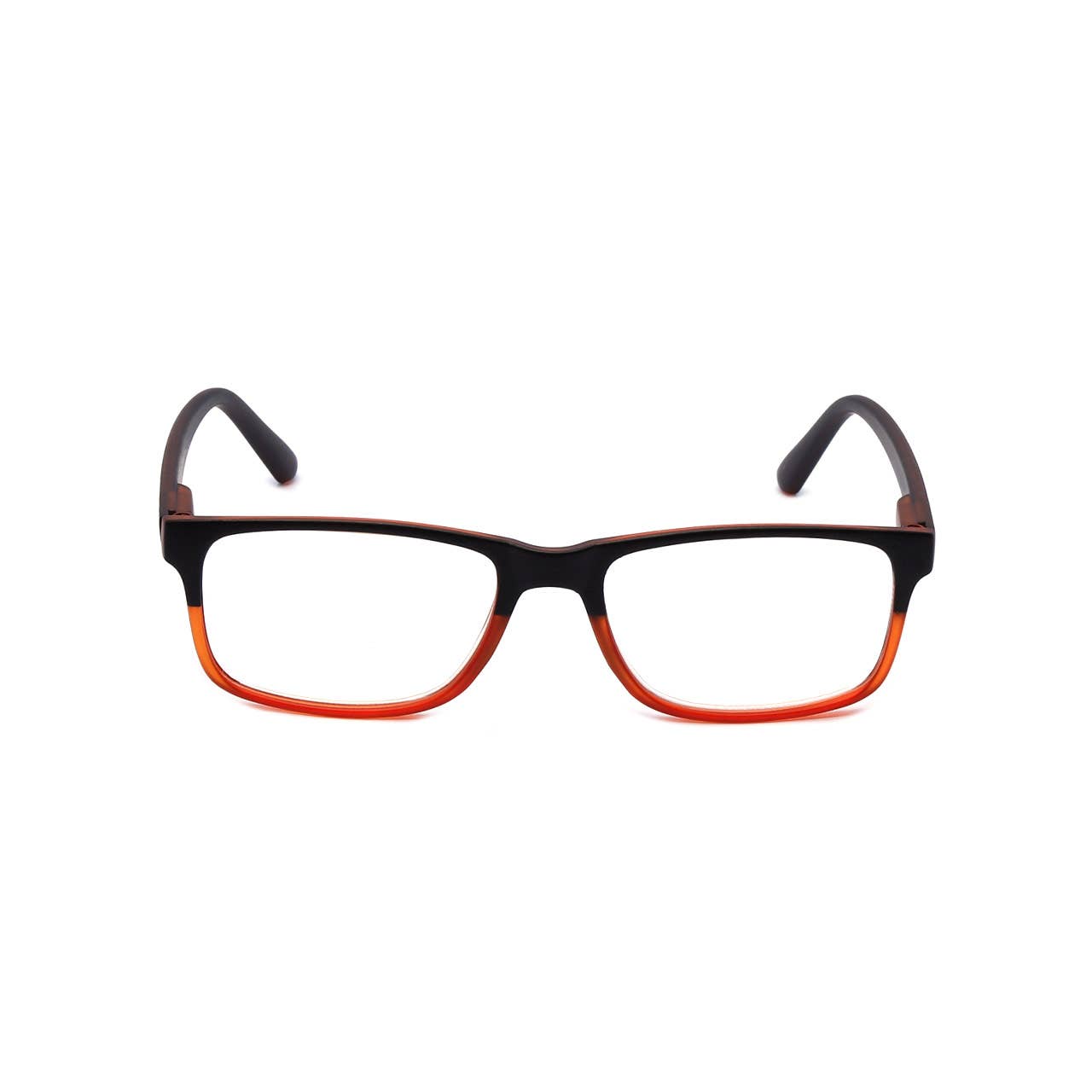 Black and red eyeglasses on a white background
