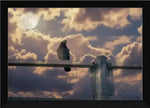 Pigeon perched on fence post against cloudy sky with full moon, framed print