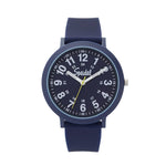 Navy blue watch with a white face on a white background