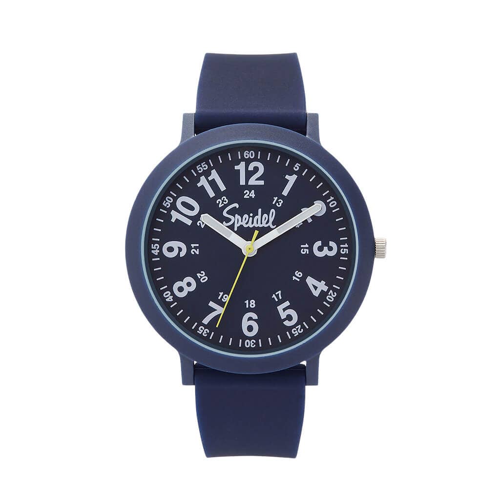 Navy blue watch with a white face on a white background