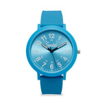 Blue watch with a white face on a white background