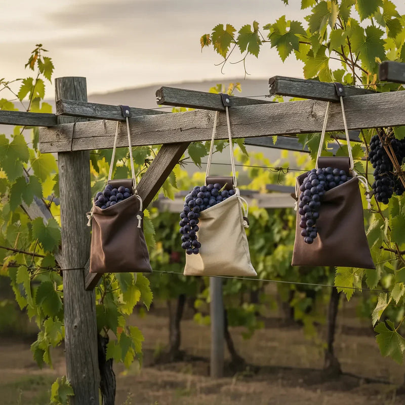 Freshly harvested dark grapes in canvas bags hanging on wooden vineyard trellis at sunset