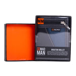 Braxton wallet by Mad Man in packaging with orange interior
