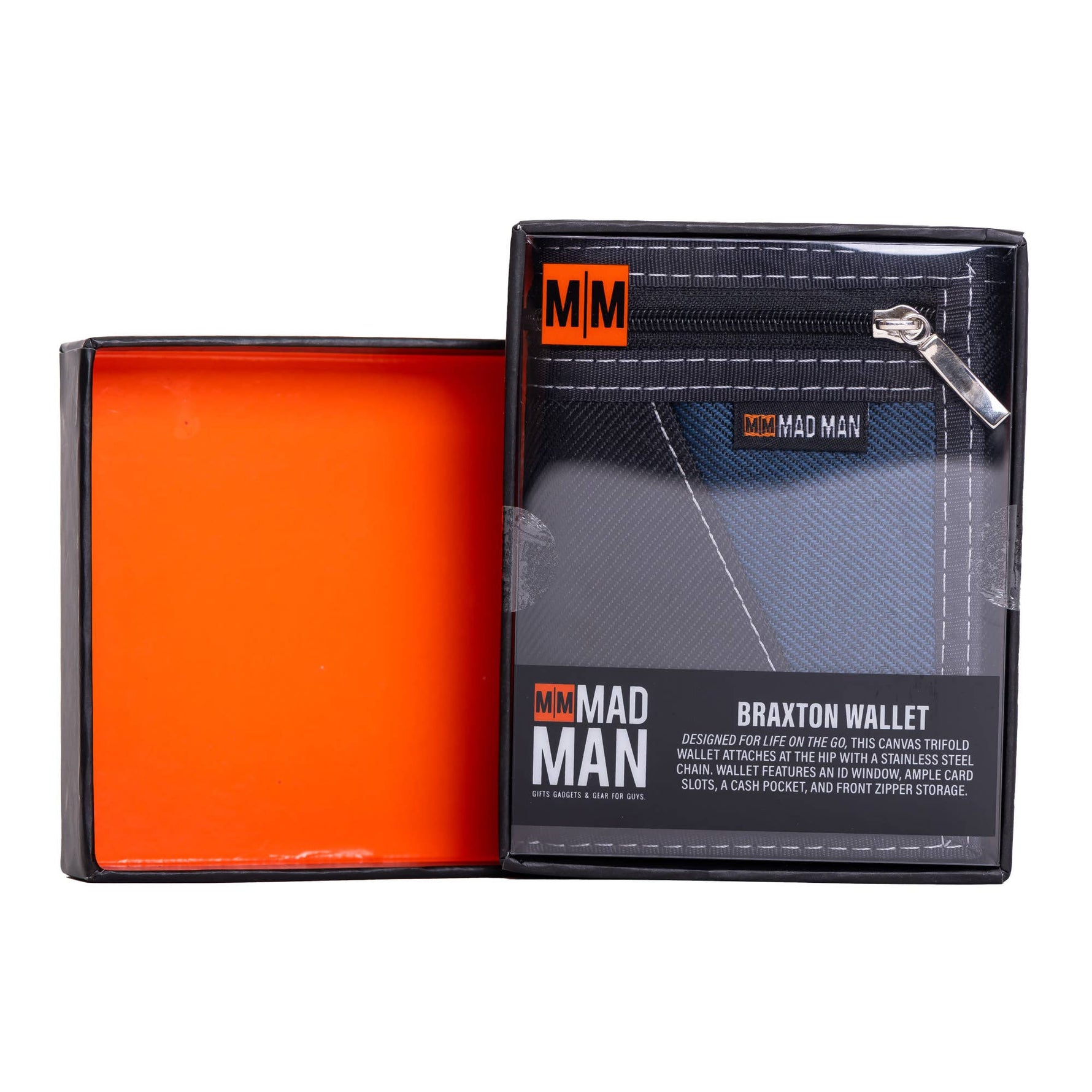 Braxton wallet by Mad Man in packaging with orange interior