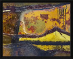 Abstract landscape artwork with bold yellow, green, and dark tones in textured layers, framed for wall decor