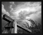 Black and white storm photo with lightning over rustic wooden beam, framed print