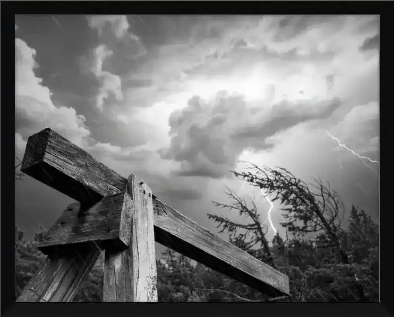 Black and white storm photo with lightning over rustic wooden beam, framed print