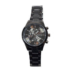 Black wristwatch with detailed face on a white background