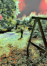 Person in surreal garden with vibrant red sky, wooden swing frame, and colorful foliage — artistic nature photography print